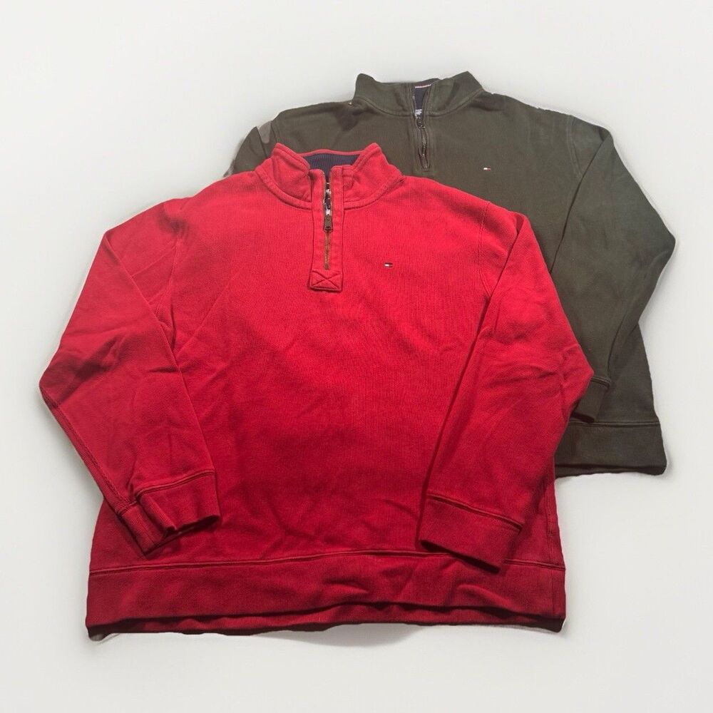 Lot of 2 Tommy Hilfiger 1/4 Zip Pullover Sweaters Mens XL Red Forest Green Logo
